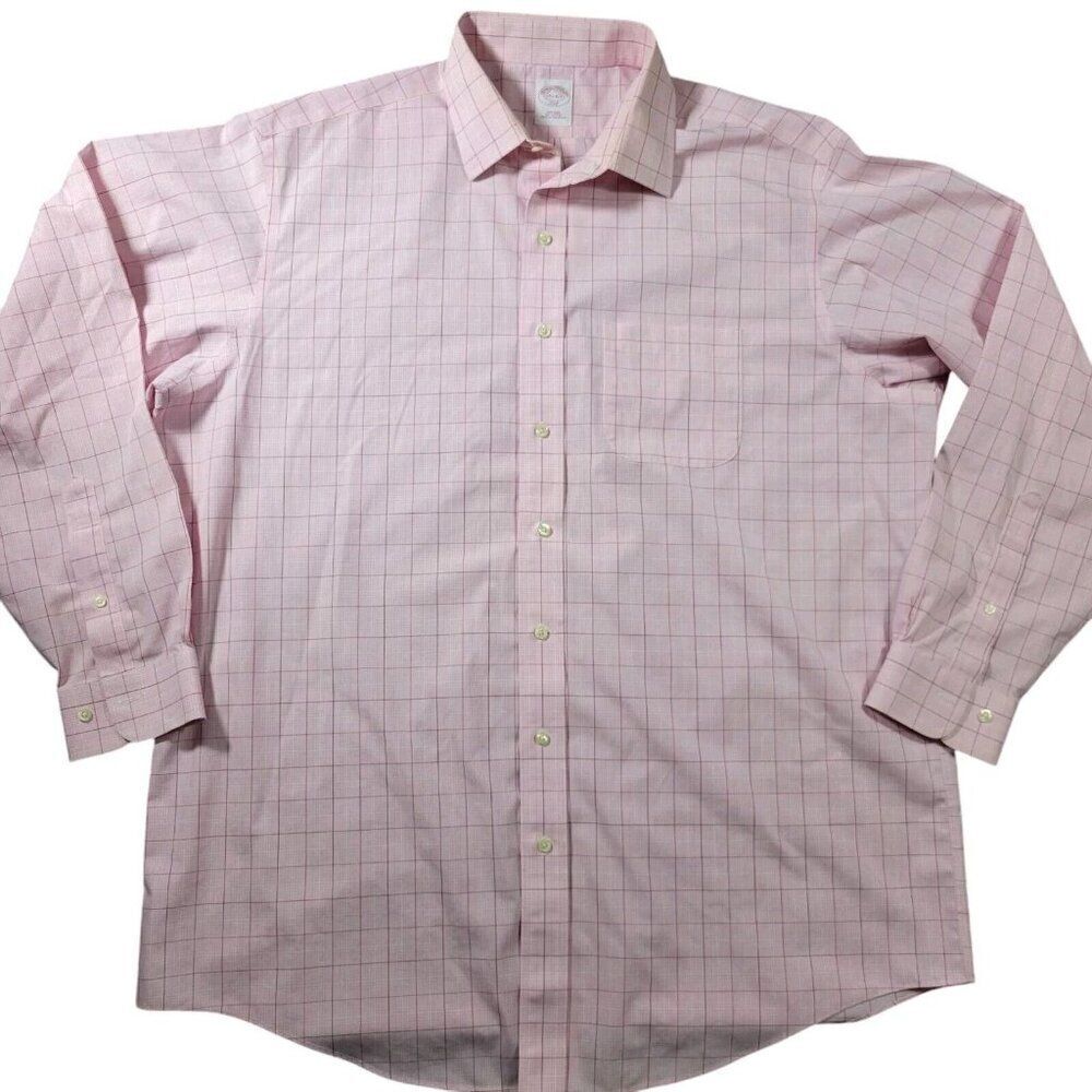 Brooks Brothers Dress Shirt Mens 17.5 6/7 Pink Plaid Button Up READ*